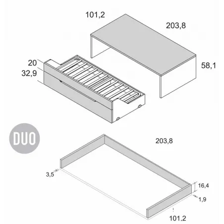 Compacto de frontal abatible con dos camas de 90x190 cm. con cajón canapé oculto