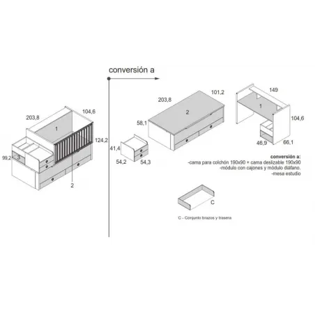 Composición armario y cuna convertible a dos camas nido