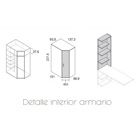 Dormitorio juvenil con cama compacta con canape y armario chaflan