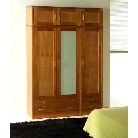 Armario Nova 3 puertas con cristal y altillo en madera maciza de pino