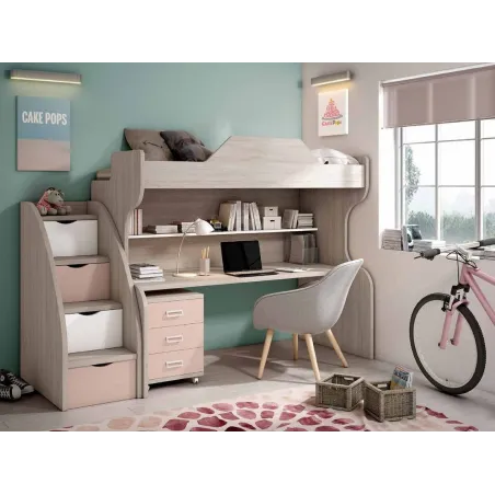 Litera con escalera de cajones y escritorio en parte baja