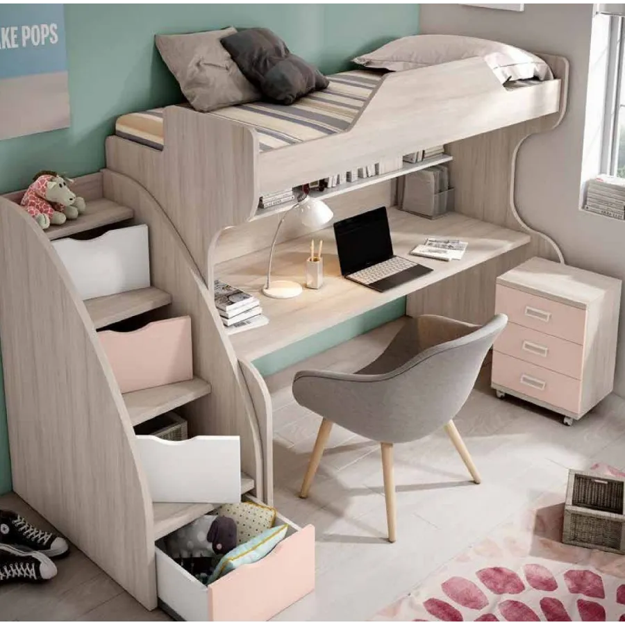 Litera con escalera de cajones y escritorio en parte baja