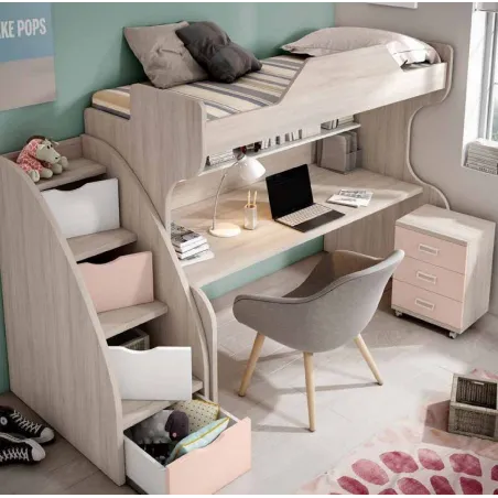 Litera con escalera de cajones y escritorio en parte baja