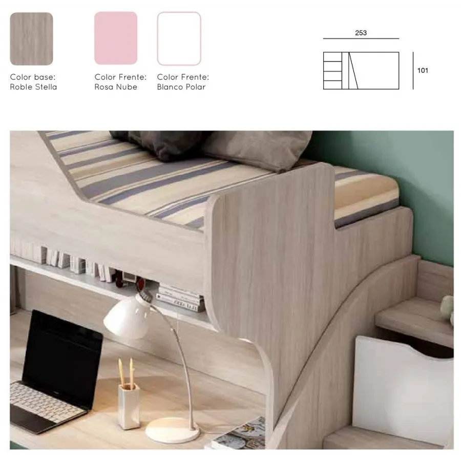 Litera con escalera de cajones y escritorio en parte baja
