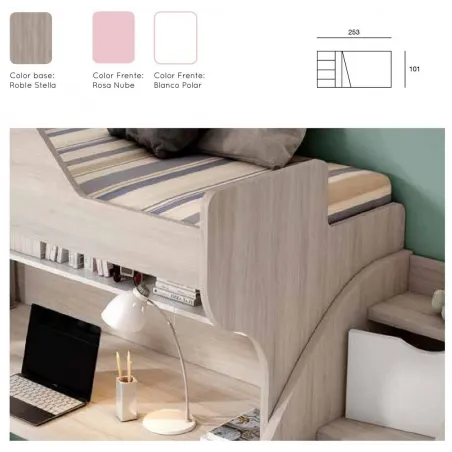 Litera con escalera de cajones y escritorio en parte baja