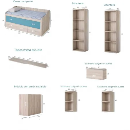 Dormitorio juvenil Lollipop con cama compacta