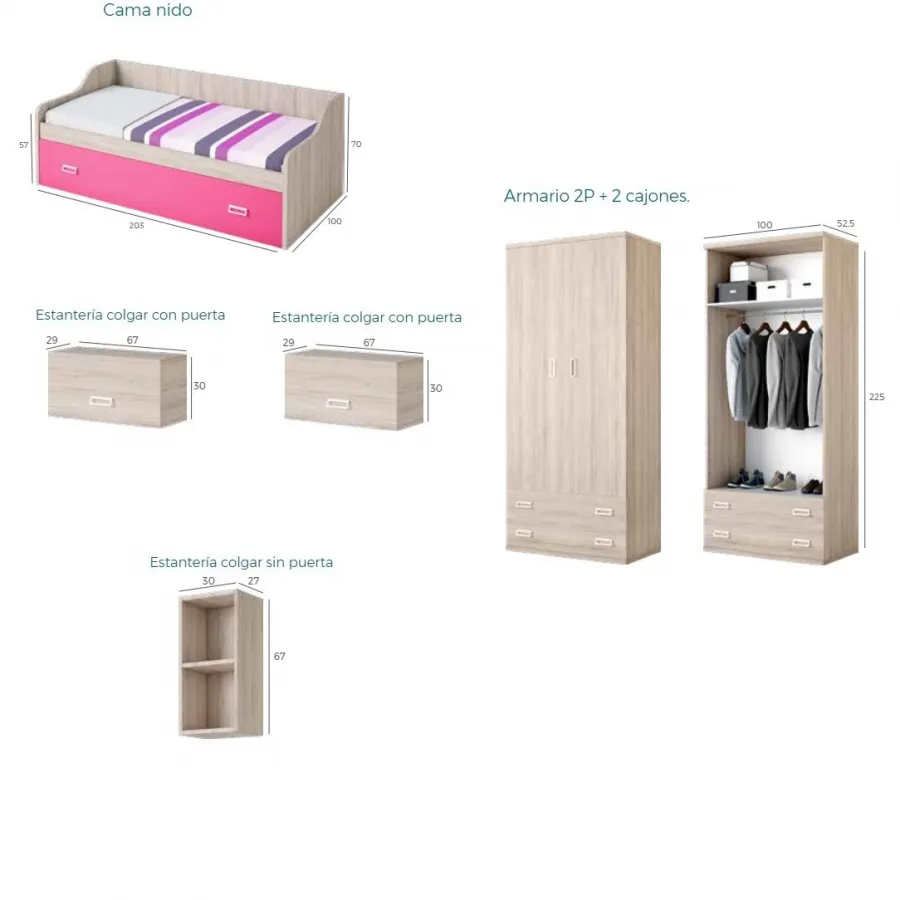 Dormitorio juvenil Lollipop con cama nido y armario