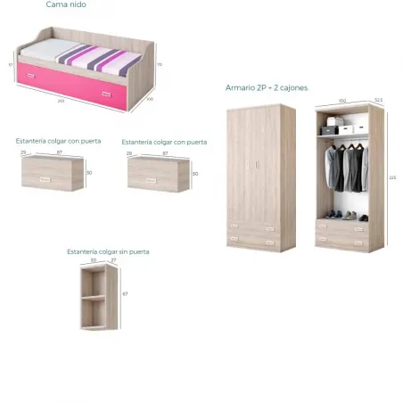 Dormitorio juvenil Lollipop con cama nido y armario