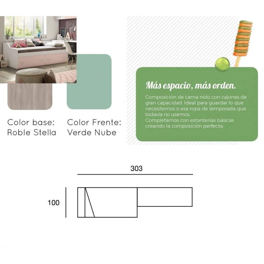 Dormitorio juvenil Lollipop con cama compacta