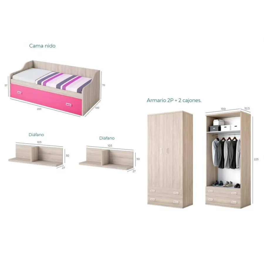 Dormitorio juvenil Lollipop con cama compacta