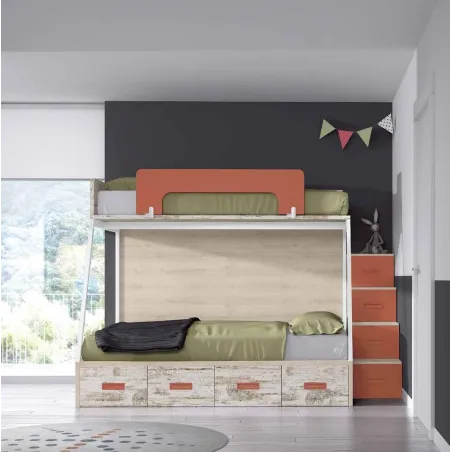 Litera con cama de matrimonio y cajones de cierre amortiguado