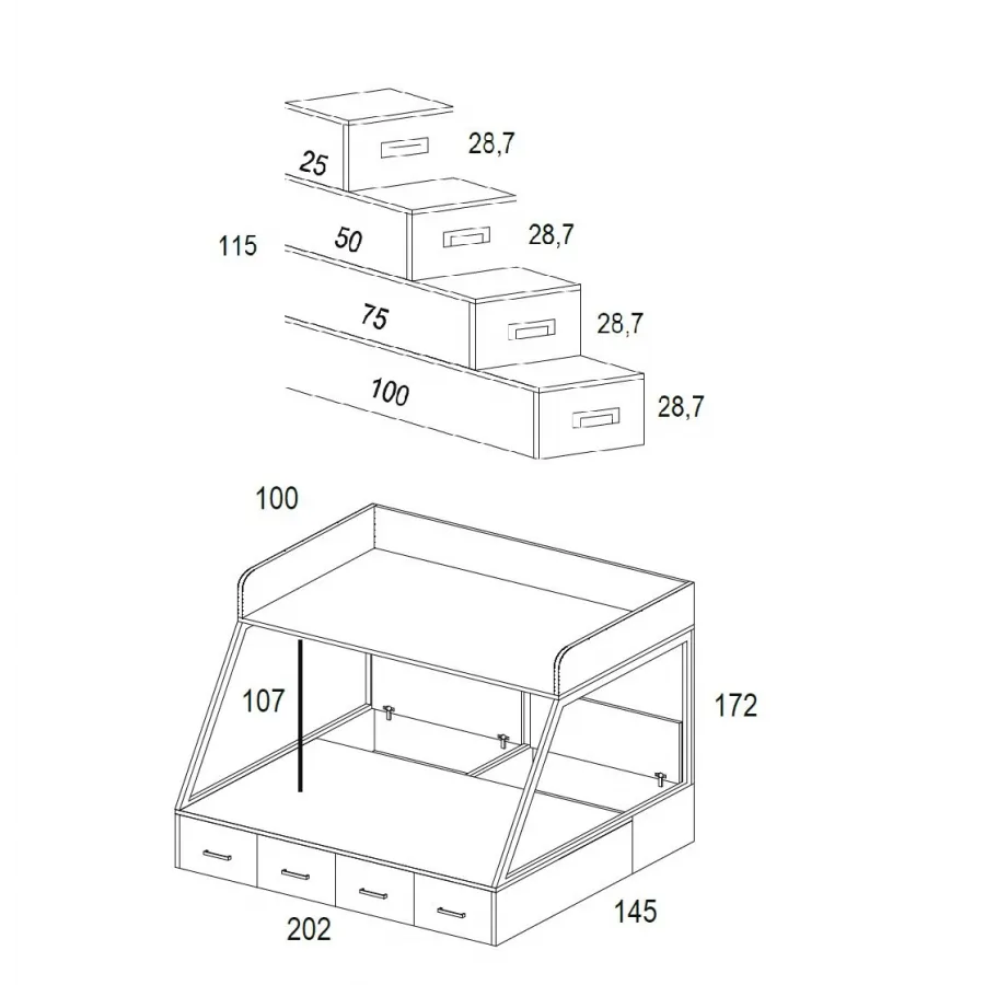 Litera con cama de matrimonio y cajones de cierre amortiguado