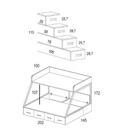 Litera con cama de matrimonio y cajones de cierre amortiguado