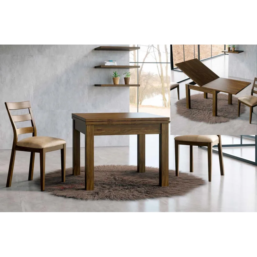 MESA COMEDOR EXTENSIBLE LIBRO EN MADERA BARNIZADA PATA RECTA