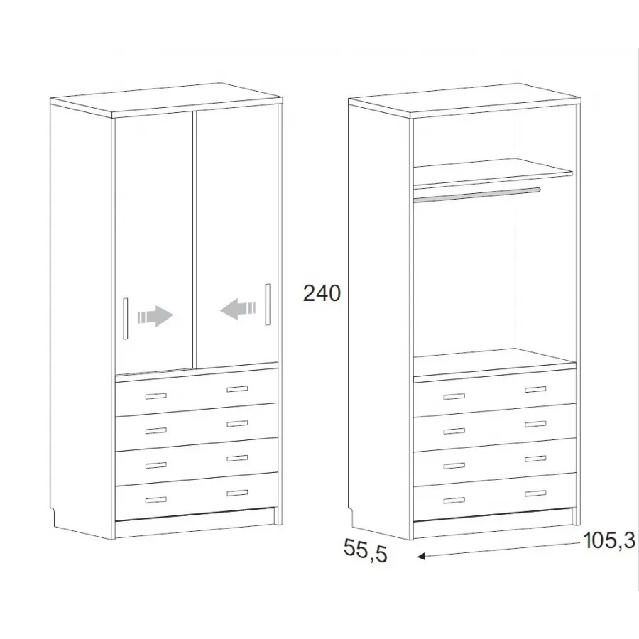 Armario corredera cuatro cajones vistos