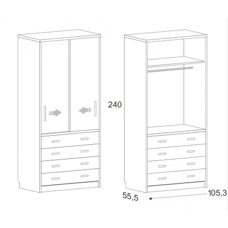 Armario corredera cuatro cajones vistos