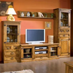 Salón rústico Mexicano vitrina y bodeguero 261 cm.