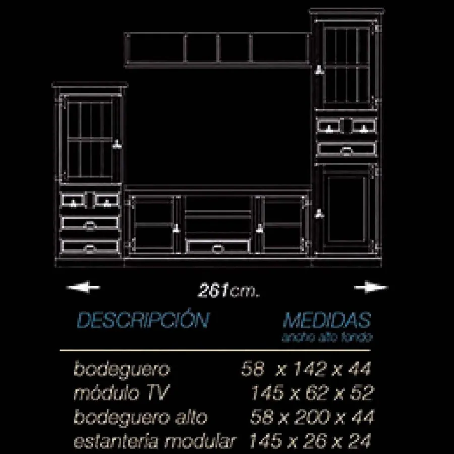 Salón rústico Mexicano vitrina y bodeguero 261 cm.