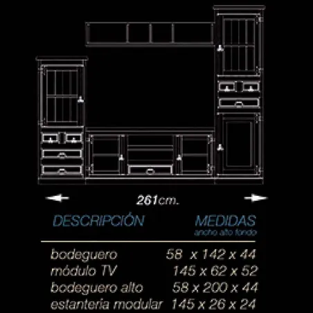 Salón rústico Mexicano vitrina y bodeguero 261 cm.