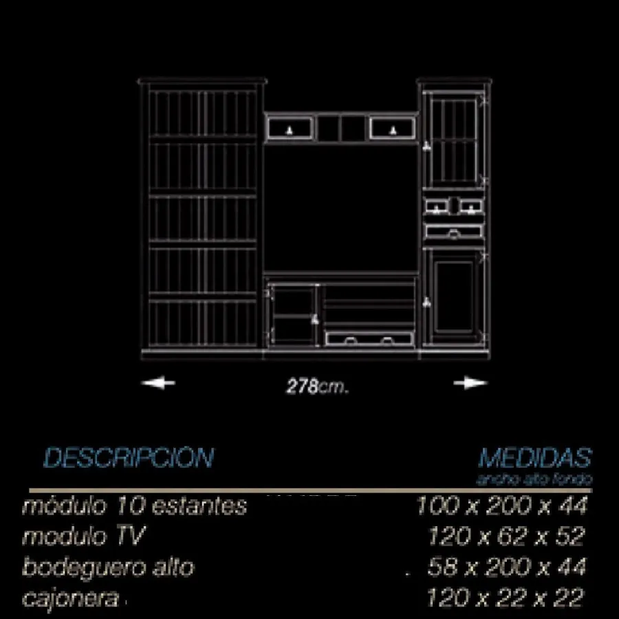 Mueble de salón Mexicano con librero 268 cm.