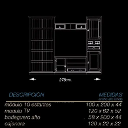 Mueble de salón Mexicano con librero 268 cm.