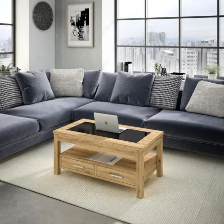 MESA DE CENTRO MODERNA ELEVABLE CON CRISTAL Y CAJONES